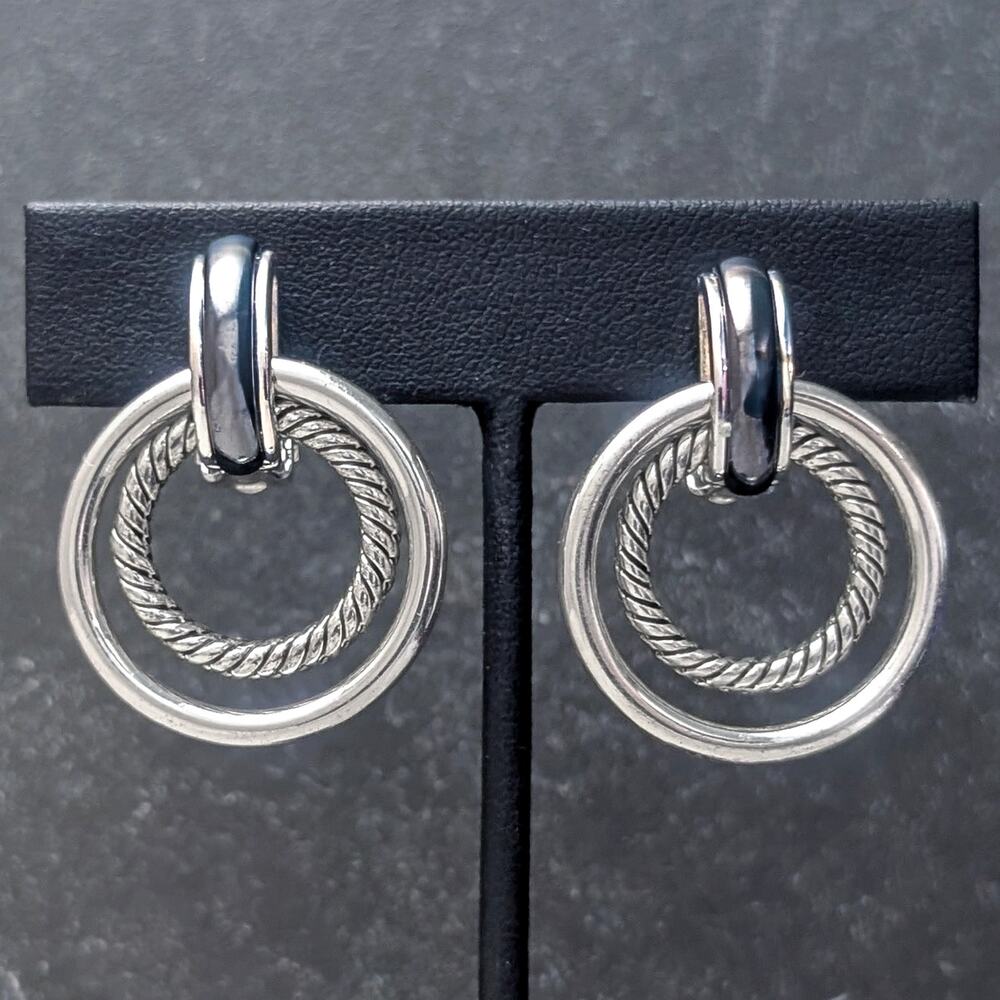 Clip On Earrings - Stunning Silver Tone Multi Circle Dangle Drop Statement